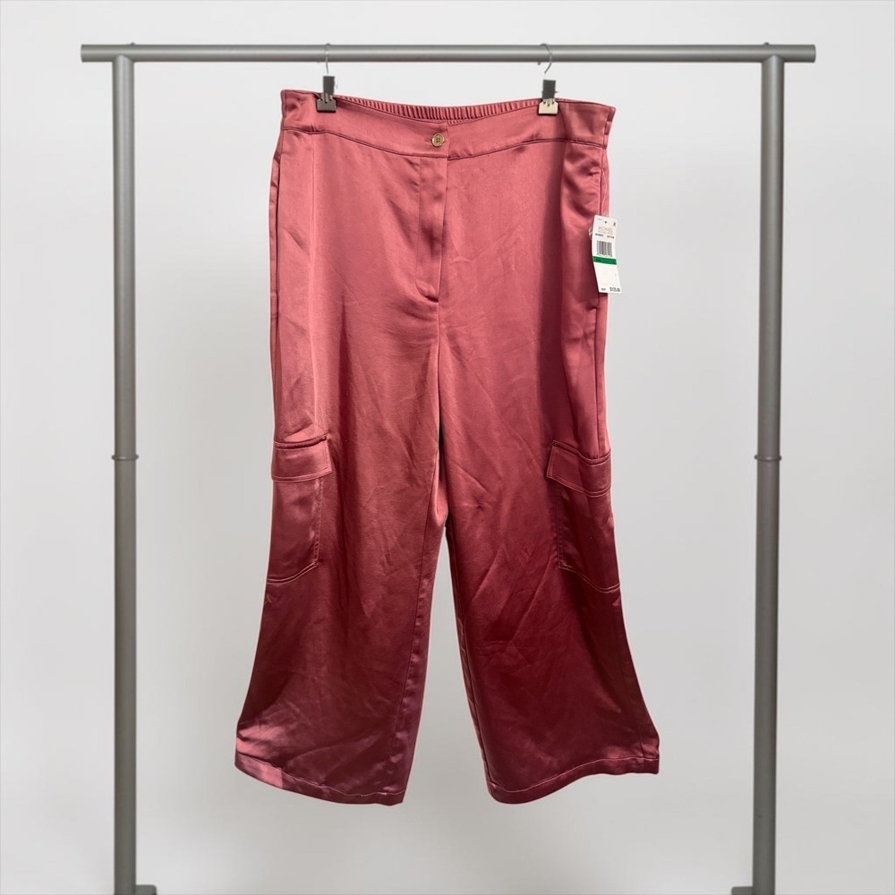 NWT Michael Michael Kors Dusty Rose‎ Satin Wide Leg Cargo Pants Women's L Large